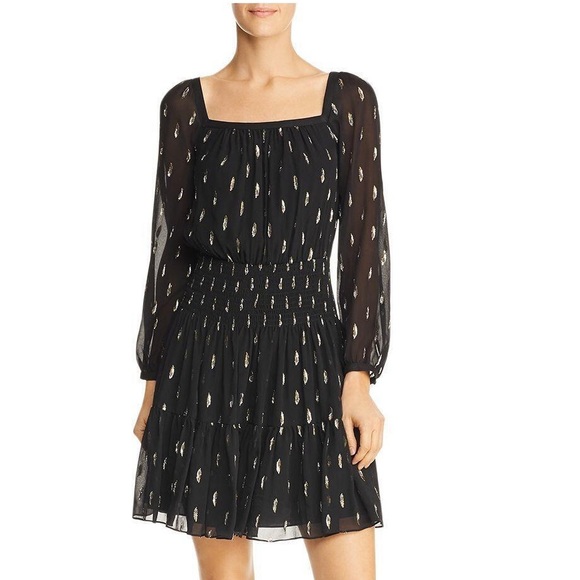 Rebecca Taylor Black Long Sleeve Dress w/ Metallic Gold Details & Smocked Waist - Picture 1 of 7